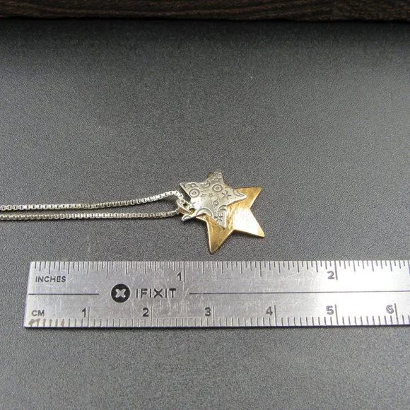 18" Sterling Silver Double Star Pendant Necklace Vintage - Picture 5 of 6